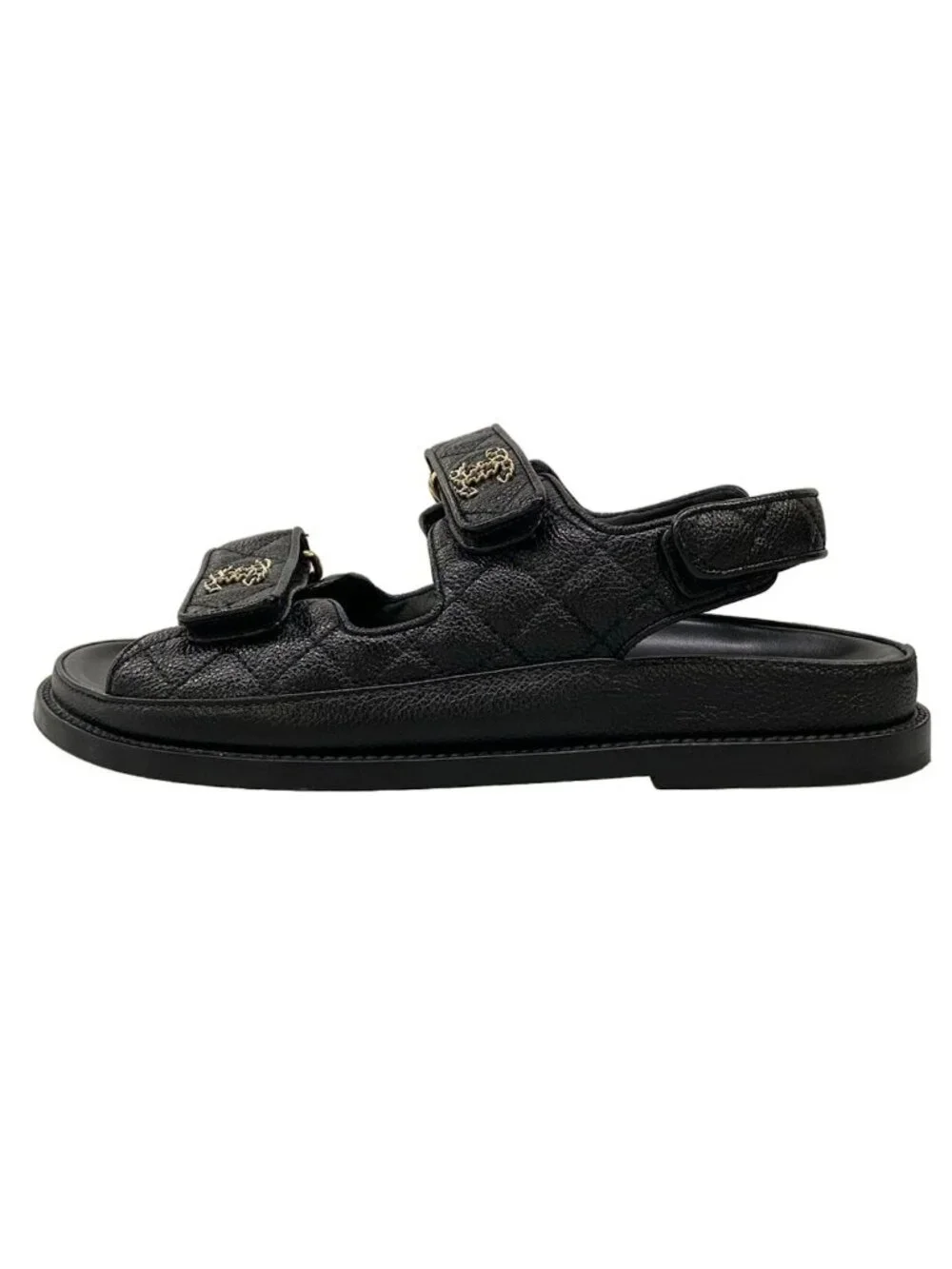 Chanel Sandals C Black Quilted CC Logo Gold Velcro
